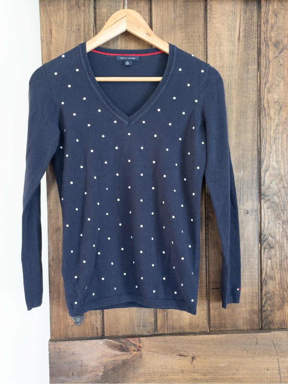 Tommy Hilfiger Navy V Neck Embroidered Polka Dot Sweater XS Preppy Classic